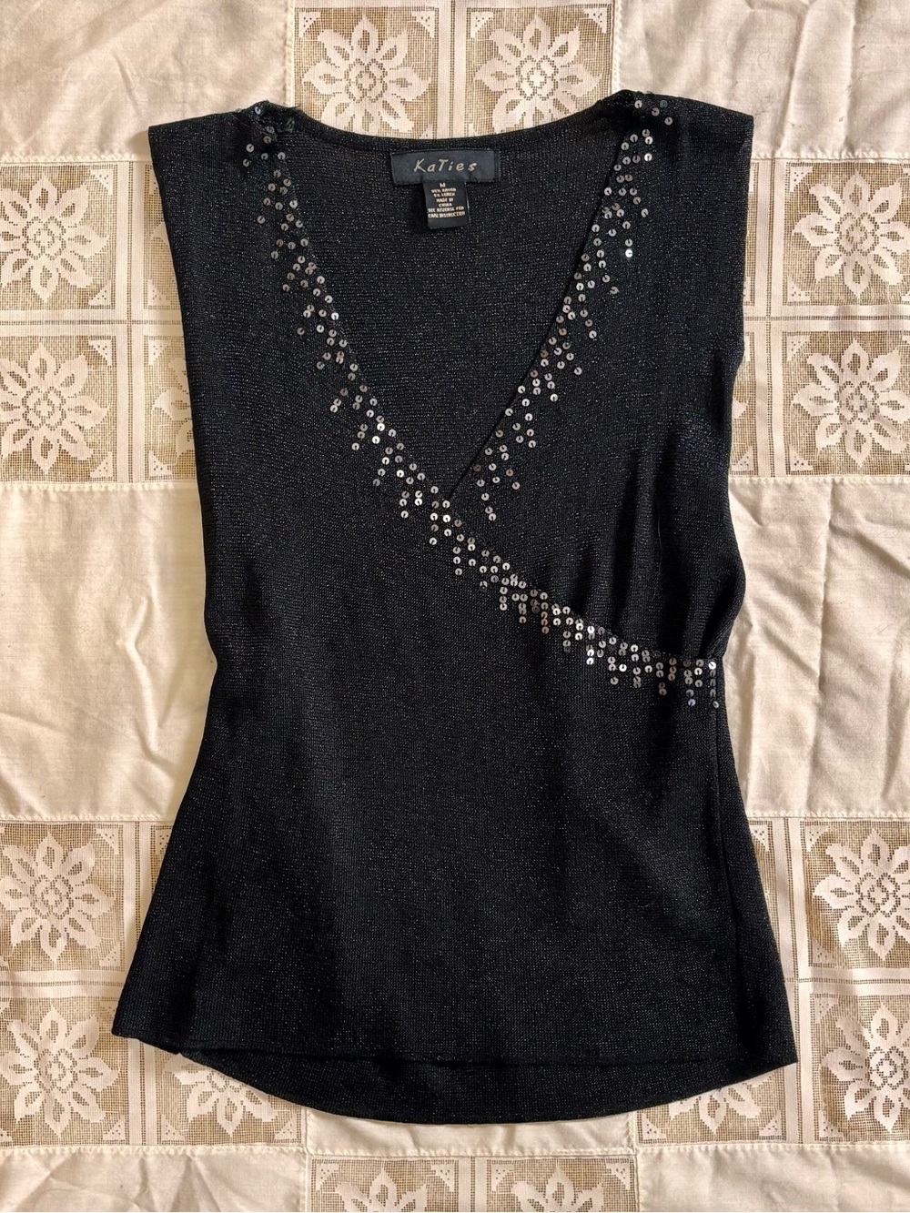 Vintage Black Sequin-Embellished V-Neck Tank Top
